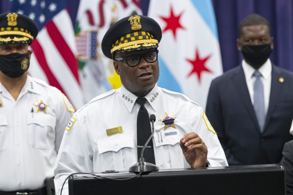 FILE - In this Sunday, Aug. 8, 2021, file photo, Chicago Police Superintendent David Brown speaks during a news conference at police headquarters. On Tuesday, Oct. 19, 2021, Brown said that 21 officers have been placed on “no pay status” for refusing to comply with the city's order to disclose their COVID-19 vaccination status. Brown added that the refusals have not affected staffing. (Vashon Jordan Jr./Chicago Tribune via AP, File)
