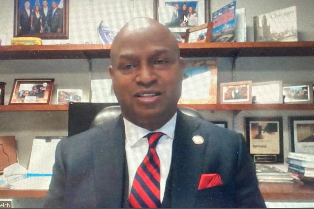 Illinois House Speaker Emanuel "Chris" Welch speaks during an interview via Zoom, with The Associated Press on Monday, Jan. 10, 2022. Welch says here will be "important work" done in the General Assembly this spring to repair and strengthen the Illinois Department of Children and Family Services, which has struggled to find permanent placements for all the children in its care and last week saw the murder of one of its investigators during a home visit. (AP Photo/John O'Connor)