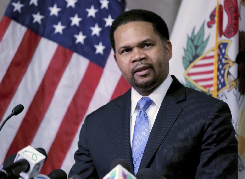 FILE - Aurora Mayor Richard Irvin speaks during a news conference, Feb. 15, 2019. Mayor Irvin joined the gubernatorial fray on Monday, Jan. 17, 2022 entering the race as a Republican challenging incumbent Democrat J.B. Pritzker. (Patrick Kunzer/Daily Herald via AP)