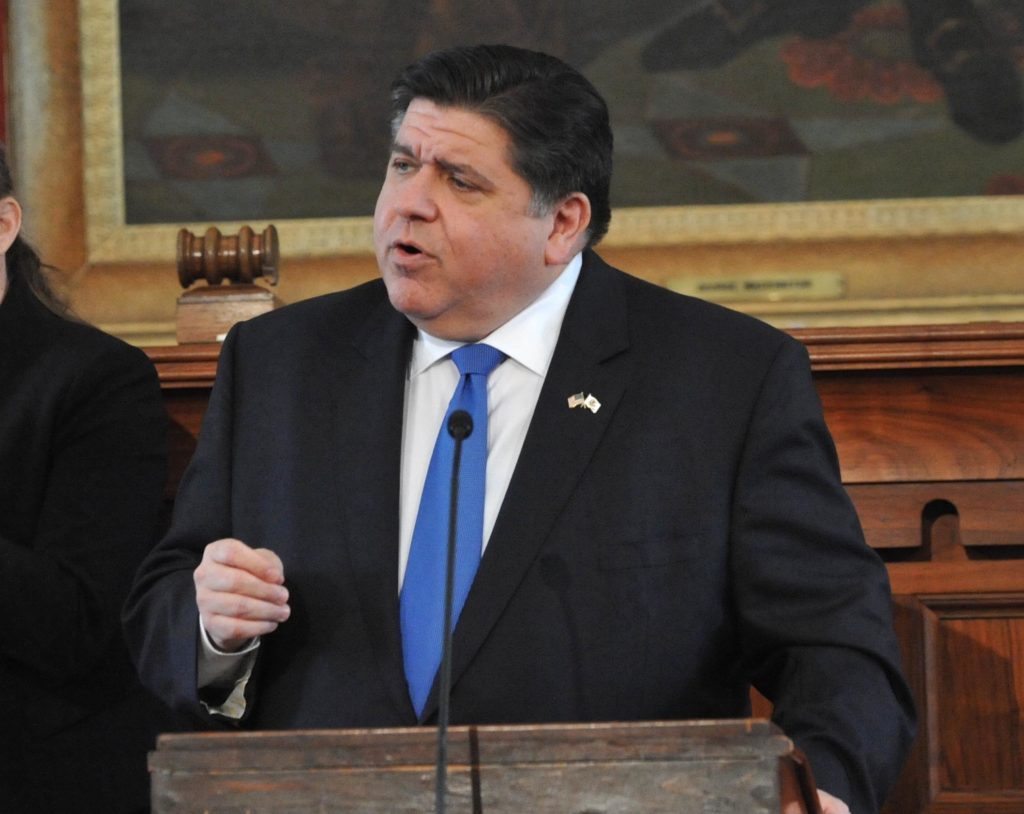 Illinois Gob J.B. Pritzker speaks during his State of the State address at the Old State Capitol Building, Wednesday Feb. 2, 2022, in Springfield, Ill. (Thomas J. Turney/The State Journal-Register via AP)