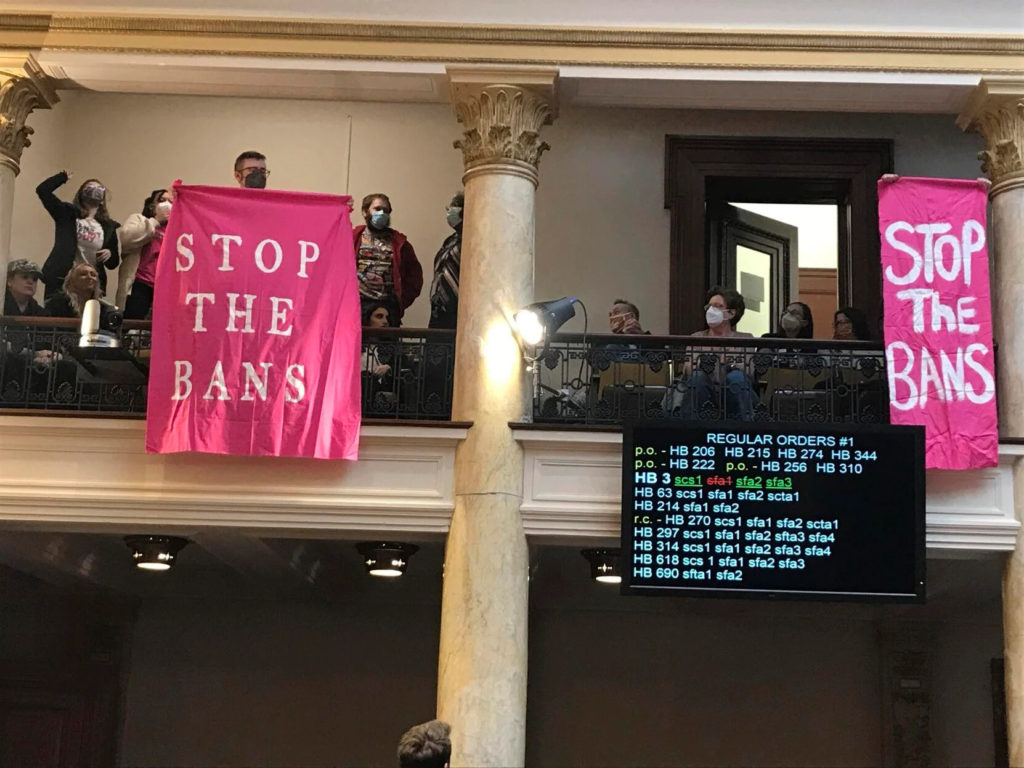 Abortion-rights supporters protest as the Kentucky Senate debate a bill Tuesday, March 29, 2022, in Frankfort, Ky., to put more restrictions on abortion. (Debby Yetter/Courier Journal via AP)