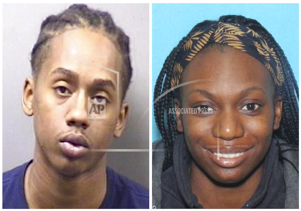 This combo of images released by the Illinois State Police, shows Darius D. Sullivan, left, and Xandria A. Harris, two people authorities were searching for Thursday, Dec. 30 2021, who are believed to have been involved in the fatal shooting of one police officer and wounding of another at a northern Illinois hotel. (Illinois State Police via AP)