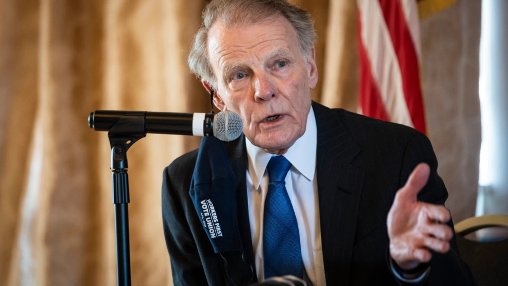 FILE - Illinois' former Speaker of the House Michael Madigan speaks during a committee hearing Thursday, Feb. 25, 2021, in Chicago. AT&T Illinois on Friday, Oct. 14, 2022, agreed to pay $23 million to resolve a federal criminal investigation into alleged misconduct involving the company’s efforts to illegally influence former Illinois Speaker of the House Michael Madigan. (Ashlee Rezin Garcia/Chicago Sun-Times via AP, File)