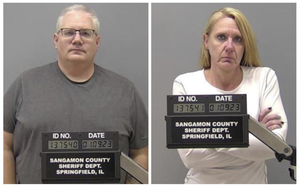This combination of photos provided by the Sangamon County Sheriff's Dept. shows Peter J. Cadigan, left, and Peggy Jill Finley on Jan. 9, 2023, in Springfield, Ill. The two paramedics face first-degree murder charges, accused of strapping a patient facedown on a stretcher while taking him to a hospital in response to police concerns. Illinois authorities announced the charges on Jan. 10, 2023, nearly a month after Earl L. Moore died on Dec. 18. (Sangamon County Sheriff's Dept. via AP)