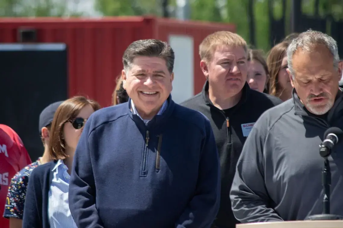 Gov. JB Pritzker participates in a news conference marking the opening of a new youth sports park in Springfield in April 2026. (Capitol News Illinois photo by Jerry Nowicki)