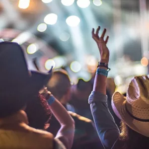 crowd enjoying live music at Huercasa Country Festival in Riaza^ Segovia^ Spain in 2017.