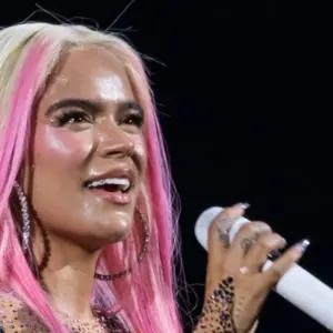 Singer Karol G during a performance at the Santiago Bernabeu^ on July 20^ 2024^ in Madrid^ Spain