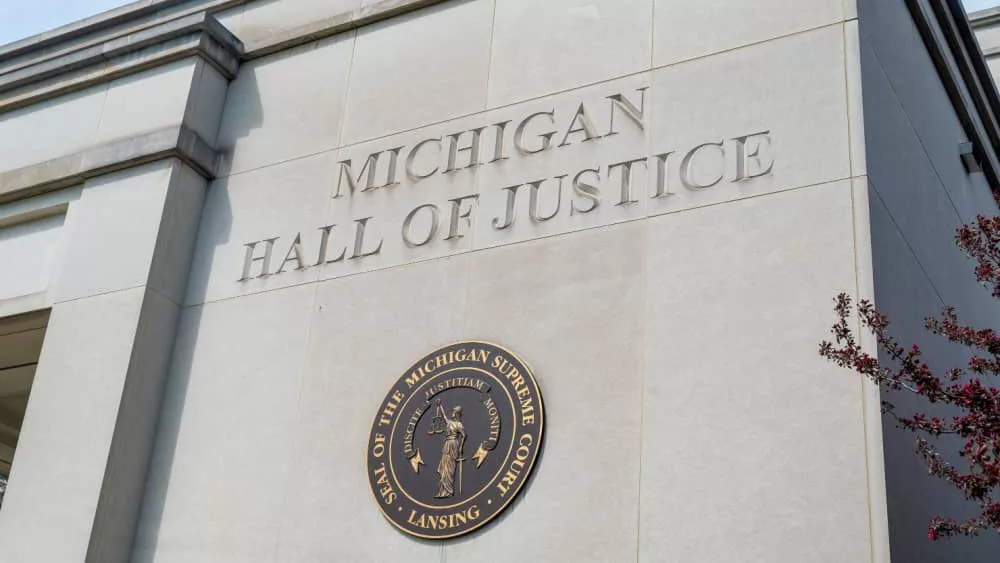 State of Michigan seal on the Michigan Hall of Justice Building; Lansing MI - May 6^ 2023