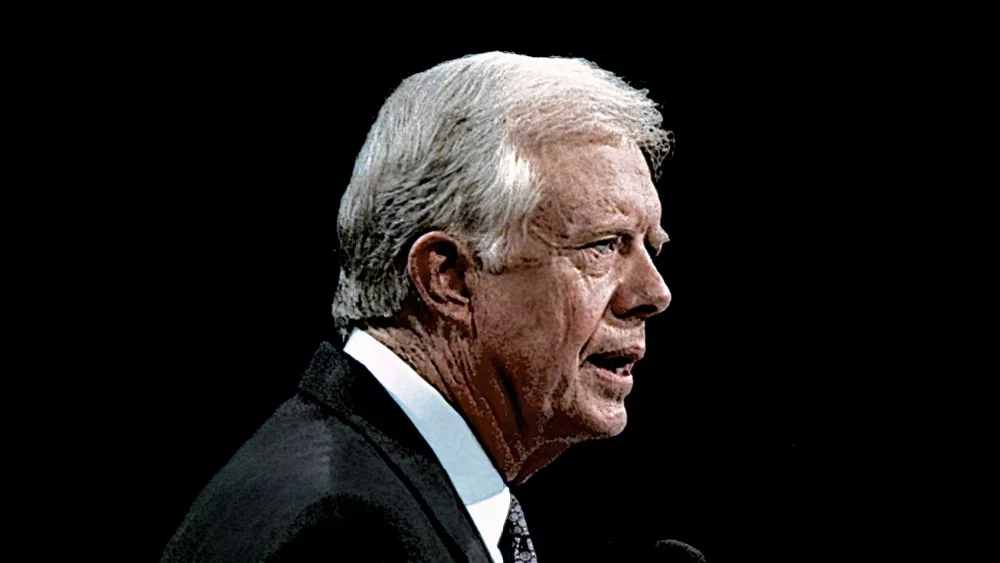 Former United States President James Carter addresses the 1992 Democratic Nominating Convention from the center stage at Madison Square Garden. NEW YORK^ NEW YORK^ USA - JULY 14^ 1992