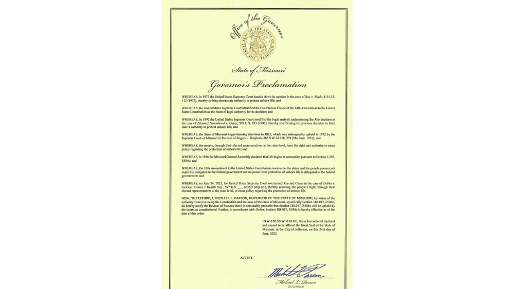 GOVERNOR PARSON SIGNS PROCLAMATION TO END ELECTIVE ABORTIONS IN MISSOURI