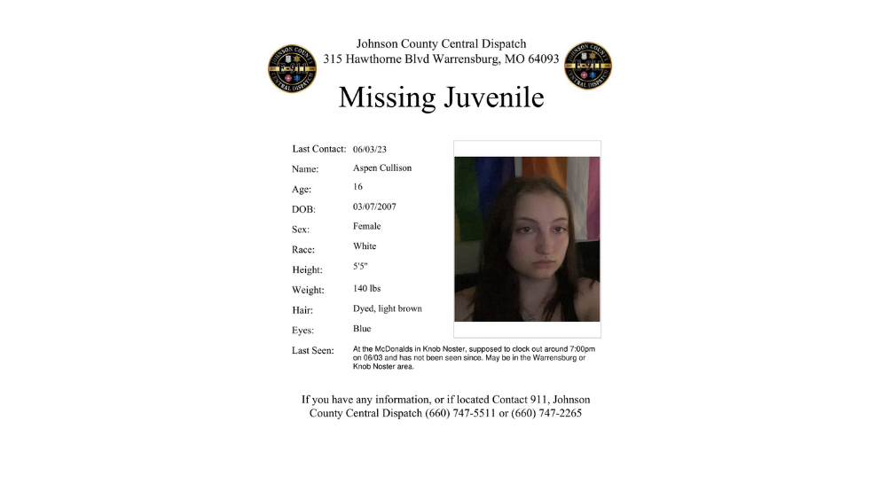 MISSING JUVENILE REPORTED IN JOHNSON COUNTY