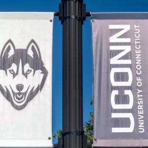 Campus banner on the campus of the University Connecticut. STORRS^ CT/USA - SEPTEMBER 27^ 2019