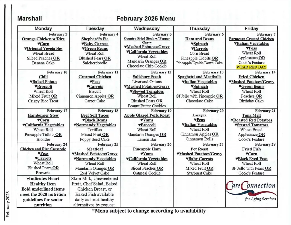 Marshall Senior Center February, 2025 menu KMMO Marshall, MO