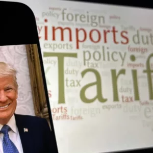 Trade War between Canada^ the United States and Mexico concept due to Trump's or Donald trump's impending tariffs. Toronto^ Canada - February 17 2024