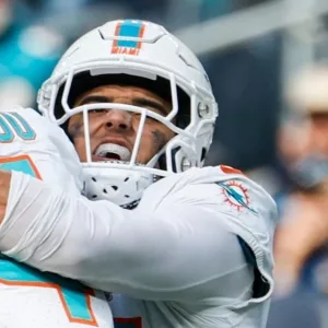 Miami Dolphins CB Jalen Ramsey (5) after an interception against the Los Angeles Chargers during an NFL football game^ Sept. 10^ 2023^ in Inglewood^ Calif.