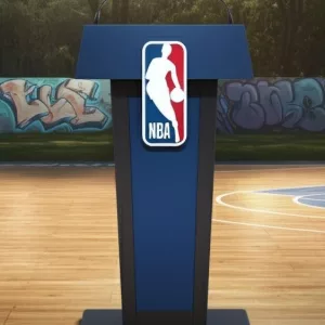 nba blue stand podium with microphone stand standing in the middle of basketball court in city park metro manila