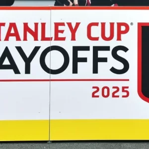 'Stanley Cup Playoffs 2025' Cutout display at the Canadian Tire Centre to allow fans to take pictures. Kanata^ Canada - April 30^ 2025