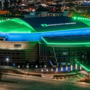 High angle drone view of Paycom Center at night in downtown Oklahoma City. Oklahoma City^ Oklahoma USA - April 14^ 2022