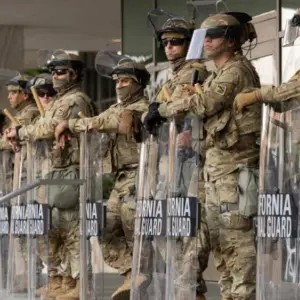 California National Guard soldiers protect a federal building during ICE deportation protests in Downtown LA. Los Angeles^ California^ USA - June 10^ 2025
