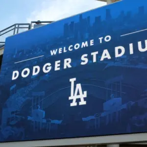 Closeup of the Welcome sign in the Outfield Plaza of Dodger Stadium. LOS ANGELES^ CALIFORNIA^ 29 JUNE 2021