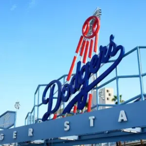 Dodger Stadium. Closeup of the baseballs teams logo at the Centerfied entrance. LOS ANGELES^ CALIFORNIA^ 29 JUNE 2021