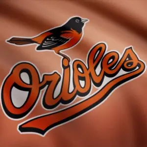 WAVING flag with Baltimore Orioles professional team logo. Close-up of waving flag with Baltimore Orioles MLB baseball team logo^ seamless loop.