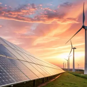 Solar panels and wind turbines stand tall under a dramatic sunset sky^ symbolizing clean renewable energy and a sustainable future landscape against a vibrant golden hour light.