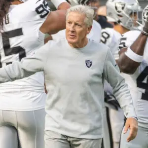 Las Vegas Raiders head coach Pete Carroll in a warmup before an NFL football game against the Los Angeles Chargers at SoFi Stadium^ Sunday Nov. 30^ 2025^ in Inglewood^ Calif.