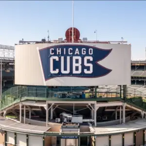 Chicago^ IL^ USA - October 9^ 2024: An aerial view of Major League Baseball's Chicago Cubs' Wrigley Field stadium in the Wrigleyville neighborhood of Chicago.