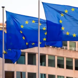 Flags of the European Union in Brussels. 17-12-2018