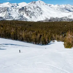 Unknown skiers have the hill to themselves at June Mountain Ski Resort^ a small resort tucked away in the Eastern Sierra Nevada mountains in California.