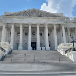 The Eastern facade with the stair to the House of Representatives of the United States Capitol Building^ on Capitol Hill in Washington DC^ USA.