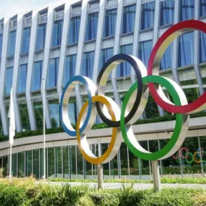 Headquarters International Olympic Committee. Olympic rings. Lausanne^ Switzerland - June 2022
