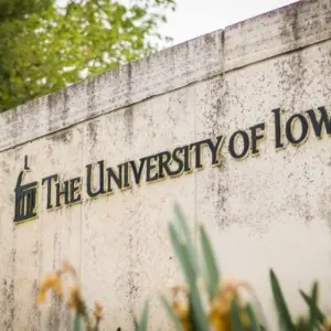 University of Iowa entrance sign at Hawkeyes' college campus Iowa City^ IA - May 23^ 2022
