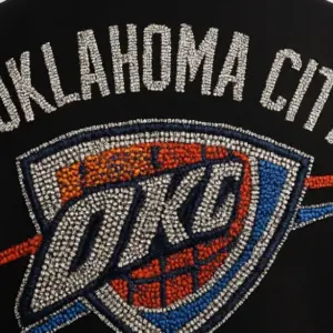 OKLAHOMA CITY THUNDER IN ALL RHINESTONES AS PATCH ON BACK OF MENS VARSITY JACKET AI-generated image / This content was generated by an Artificial Intelligence (AI) system.