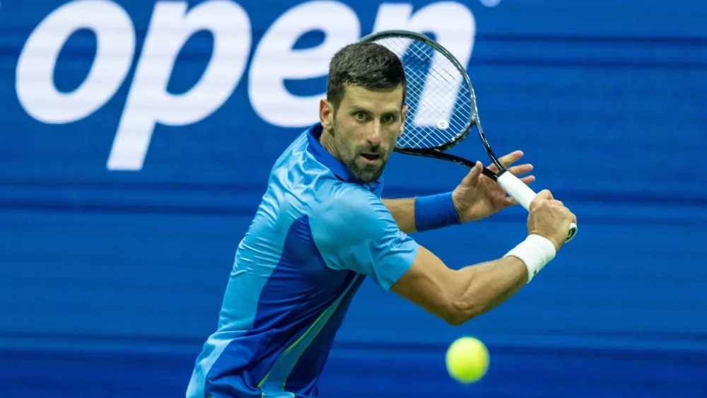 Novak Djokovic of Serbia returns ball during 4th round against Borna Gojo of Croatia at the US Open Championships at Billie Jean King Tennis Center in New York on September 3 2023