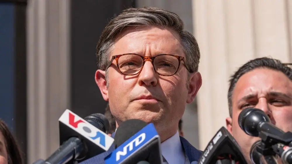 US House Speaker Mike Johnson speaks during a press briefing at Columbia University in New York on April 24^ 2024.