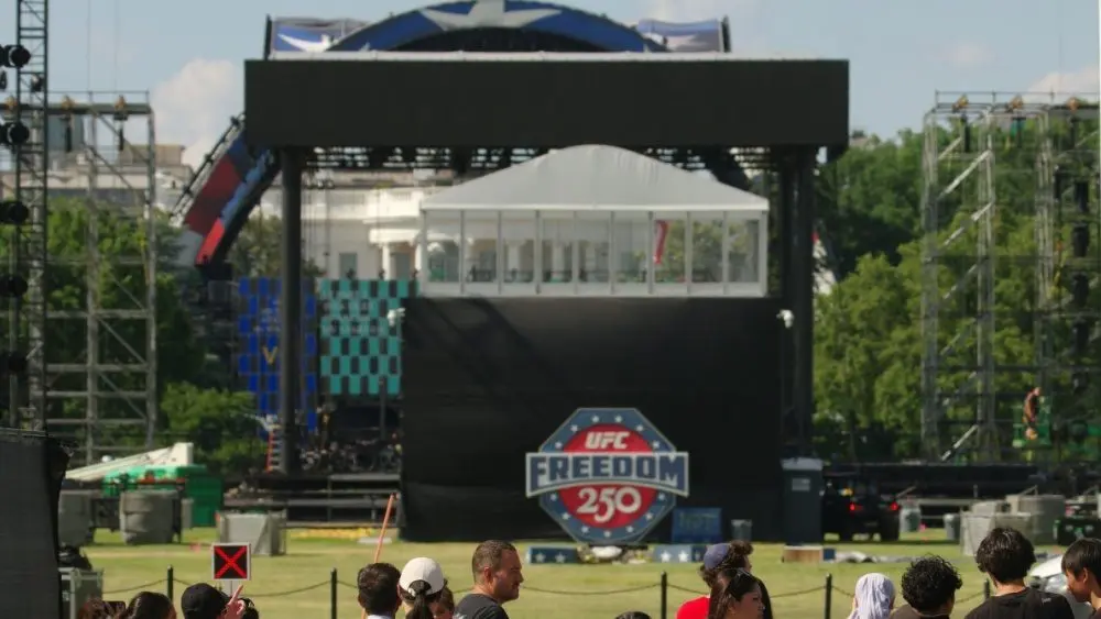 WASHINGTON^ DC - June 7^ 2026: Tourists look on the Ultimate Fighting Championship's octagon set up on the White House South Lawn for an event scheduled for June 14.