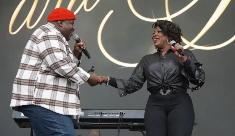 The War and Treaty^ a husband and wife duo consisting of Michael Trotter Jr. and Tanya Trotter^ performs on stage at the 2024 Soundside Music Festival. Bridgeport^ Connecticut - September 29^ 2024