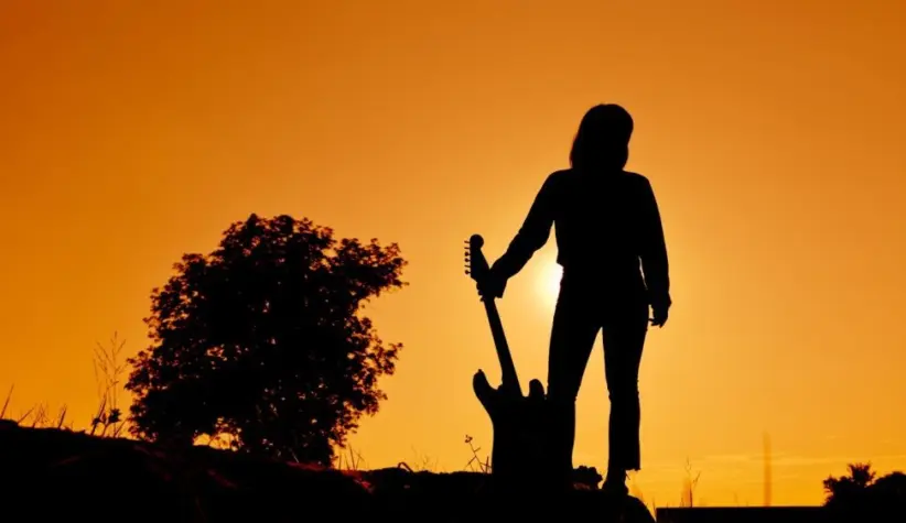 Silhouette Hipster woman with guitars in the meadow.