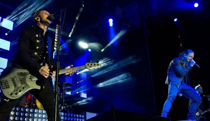 Brent Smith and Eric Bass with Shinedown perform live onstage at Rockstar Uproar Festival on September 25 2012 in Nampa^ Idaho