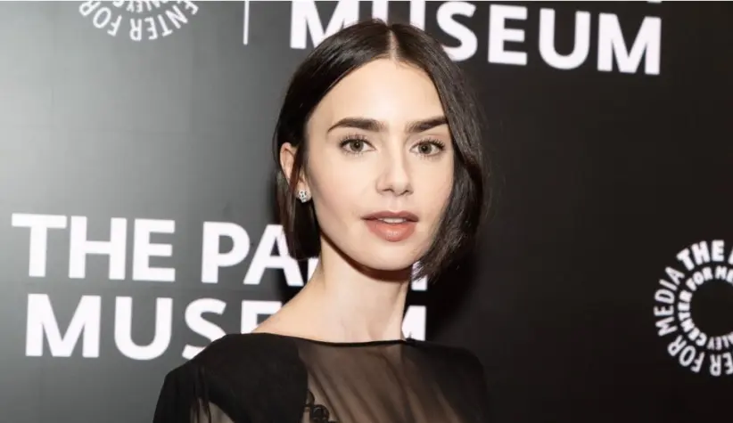 Lily Collins wearing dress and shoes by Versace attends PaleyLive program: Emily in Paris: The Magic Behind the Scenes at Paley Center for MEdia in New York on September 17^ 2024