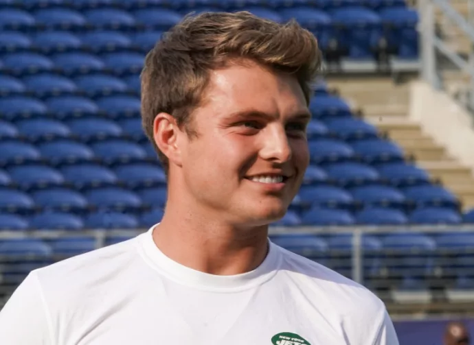 New York Jets quarterback Zach Wilsonmon August 3^ 2023 at Tom Benson Hall of Fame Stadium