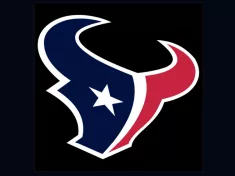 Houston Texans logo; a bull's head using blue and red plus star-shaped eyes then a white outline wrapped in a black background