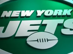 New York Jets logo on dark background with shiny details. 3D render