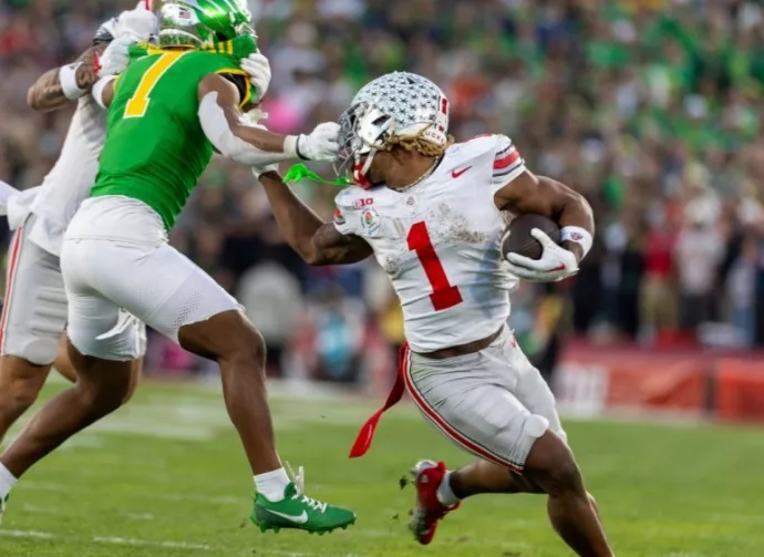 Ohio State running back Quinshon Judkins #1 escapes a tackle-attempt during the 2025 Rose Bowl game on Jan. 1^ 2024^ in Pasadena^ Calif.