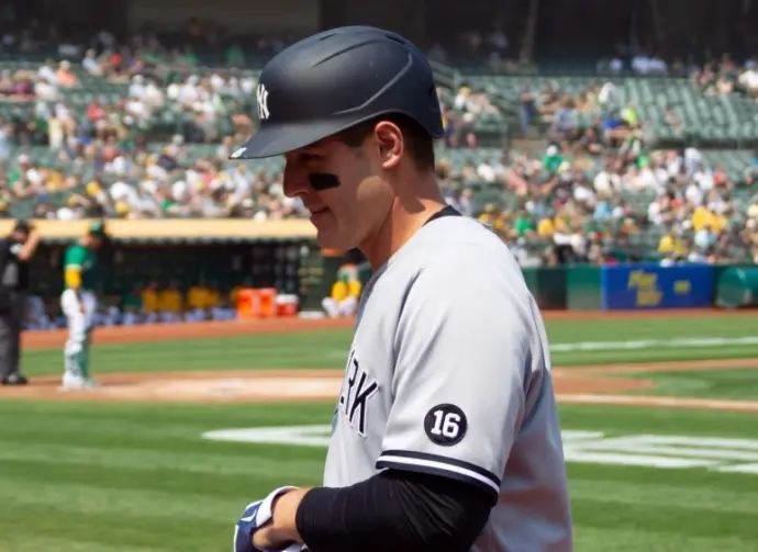 New York Yankees' Anthony Rizzo #48 walks back to the dugout after grounding out during a game against the Oakland Athletics at RingCentral Coliseum. Oakland^ California - August 28^ 2021
