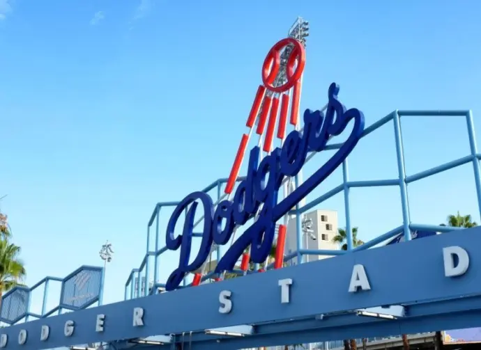 Dodger Stadium. Closeup of the baseballs teams logo at the Centerfied entrance. LOS ANGELES^ CALIFORNIA^ 29 JUNE 2021
