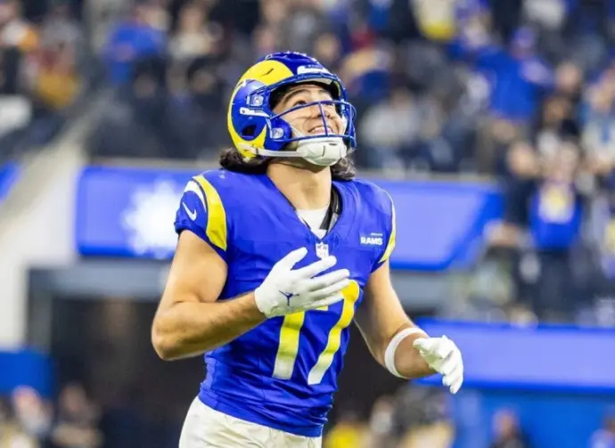 Los Angeles Rams wide receiver Puka Nacua #17 celebrates after the team defeated the Arizona Cardinals during an NFL football game at SoFi Stadium^ Dec. 28^ 2024^ in Inglewood^ Calif.
