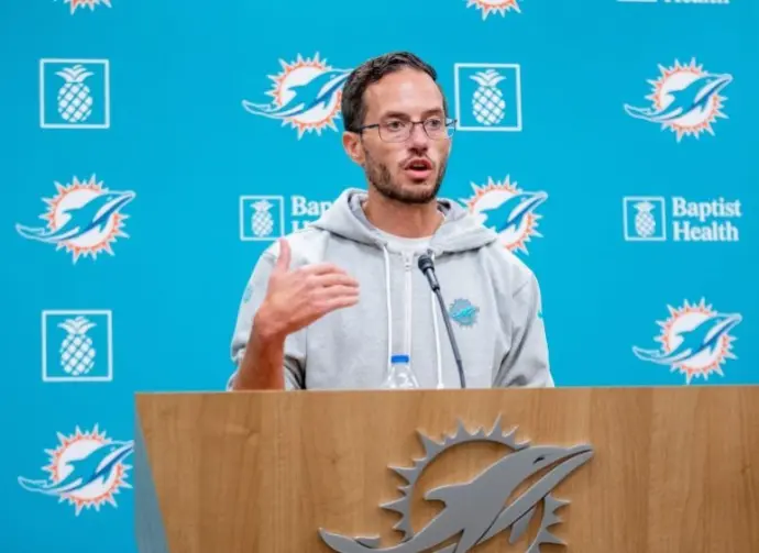Miami Dolphins head coach Mike McDaniel answers questions at a pre-practice press conference at Baptist Health Training Complex in Miami Gardens^ FL September 22^ 2023